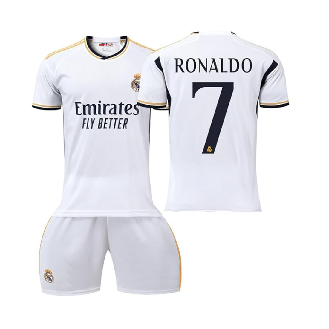 Next Print Real Madrid New Season White Ronaldo 07 Football Jersey Set for Kids and AdultsNP0000S320 (with Black Shorts)